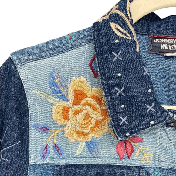 Johnny Was Floral Embroidered Denim Jacket Boho Patchwork Blue Jean Small - Picture 11 of 11